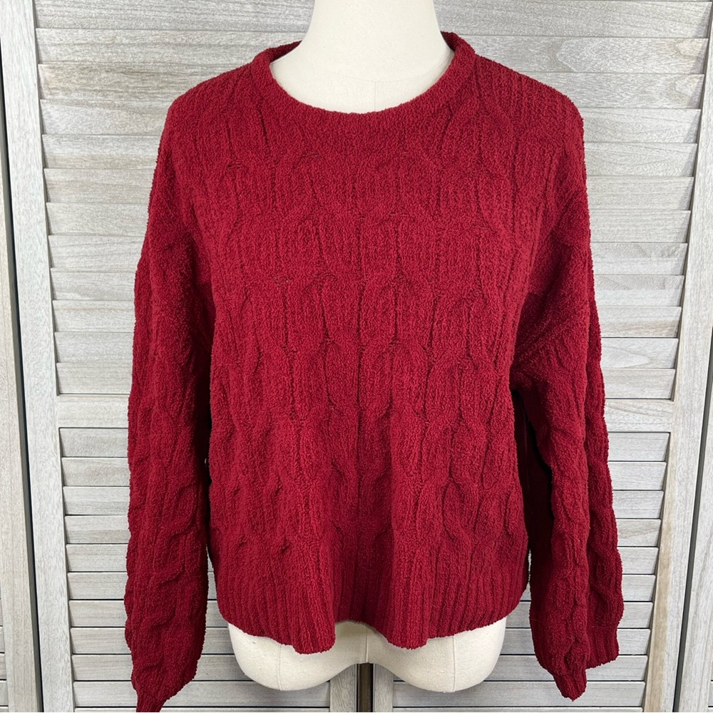 MOON & MADISON Chenille Crewneck Cable Knit Cropped Sweater Red-Medium